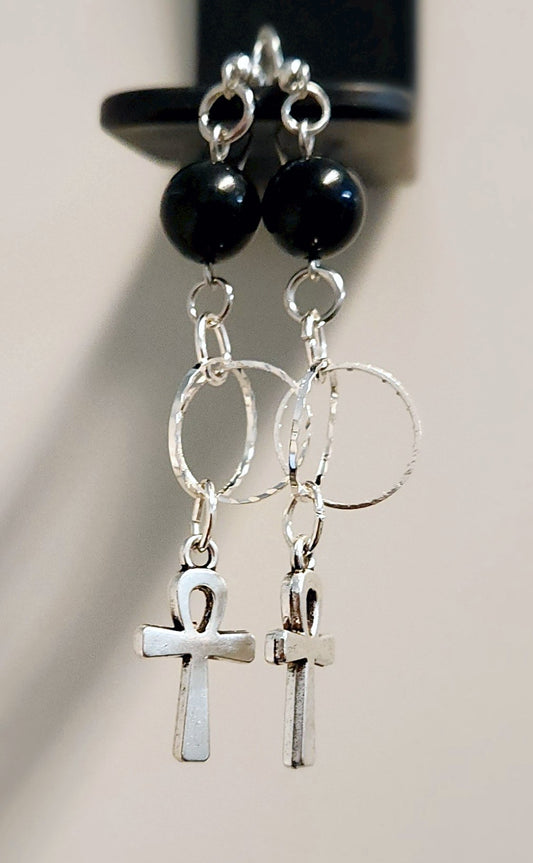 Black Obsidian & Ankh energy earrings